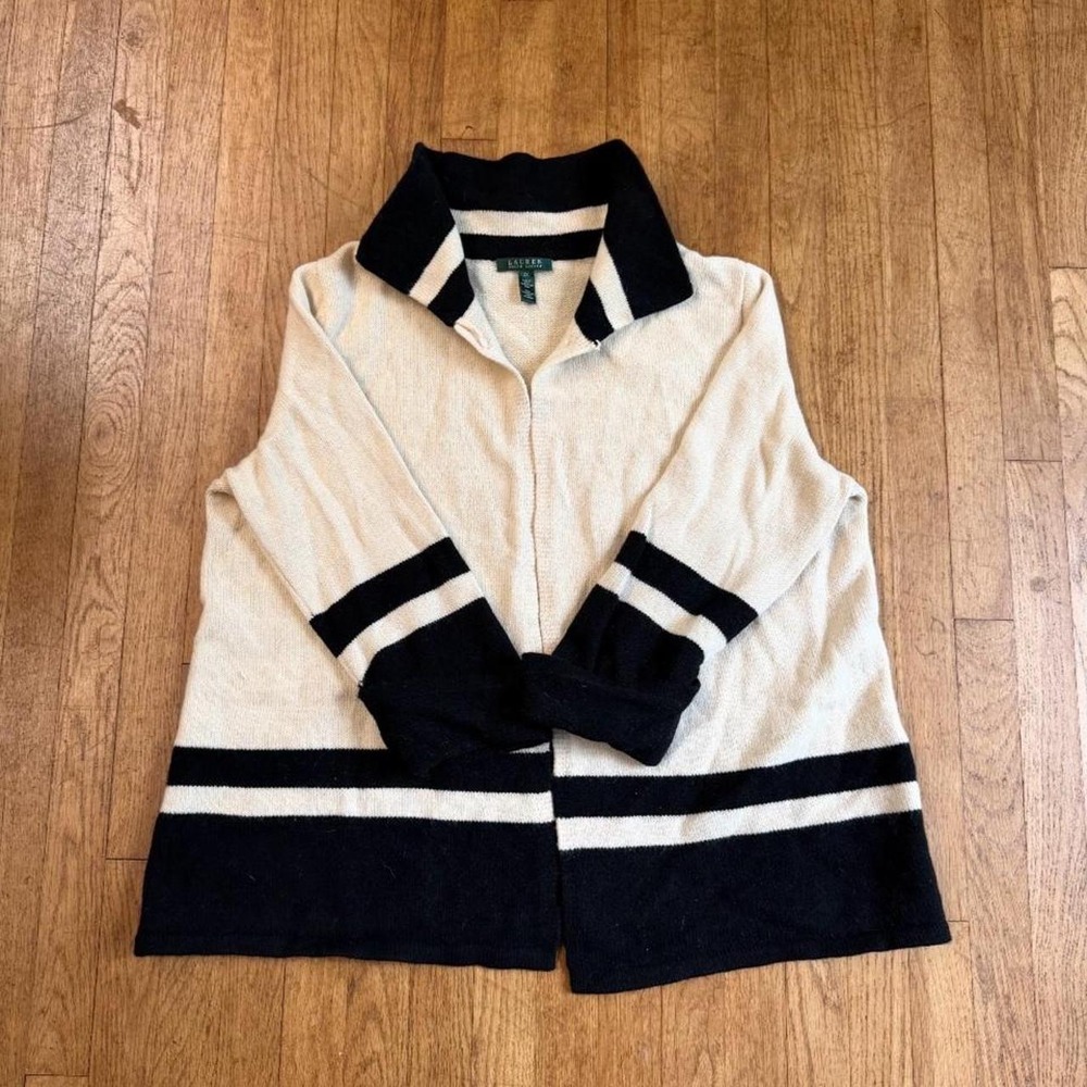 Lauren Ralph Lauren Black Cream Striped Lambswool Cardigan Sweater 2X
